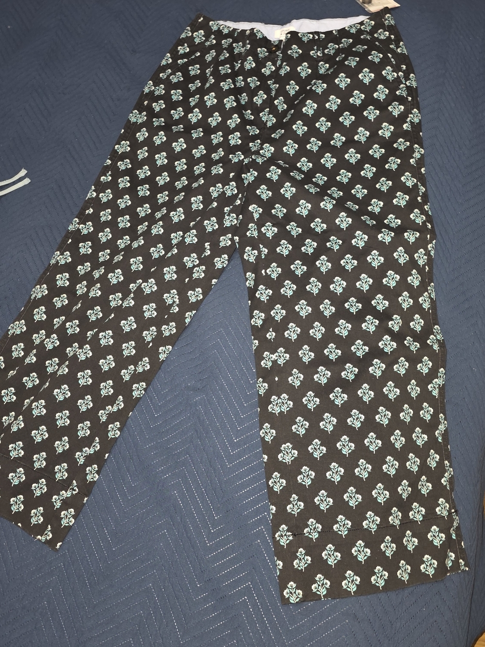 crown & ivy Black Boot Cut Pants with Teal Floral Motif